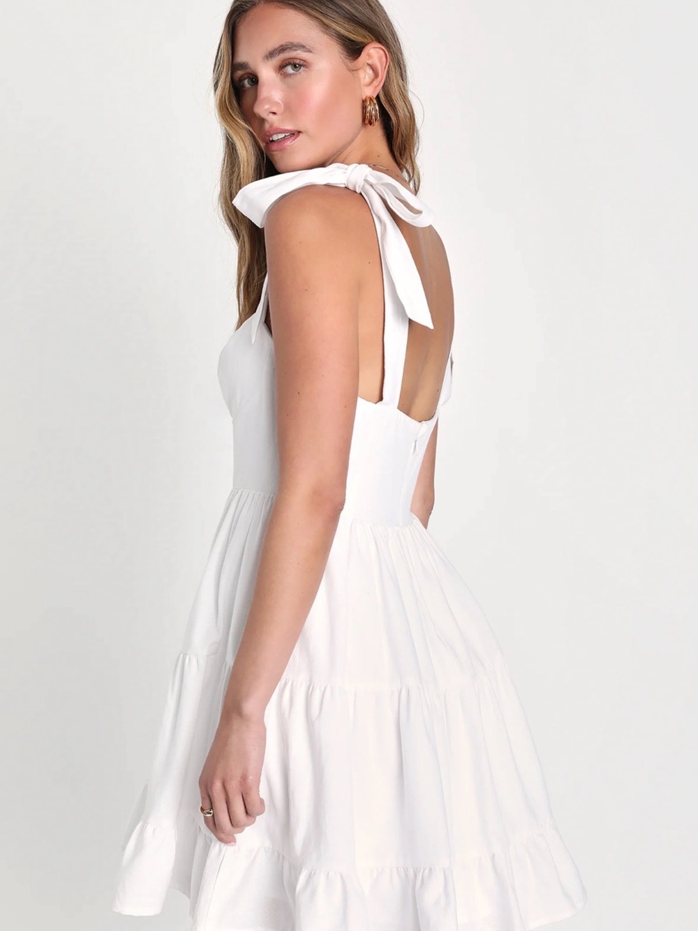 NWT Lulus Tier-ly Delightful White Tie-Strap Tiered Bustier Mini Dress XS White - Picture 2 of 9